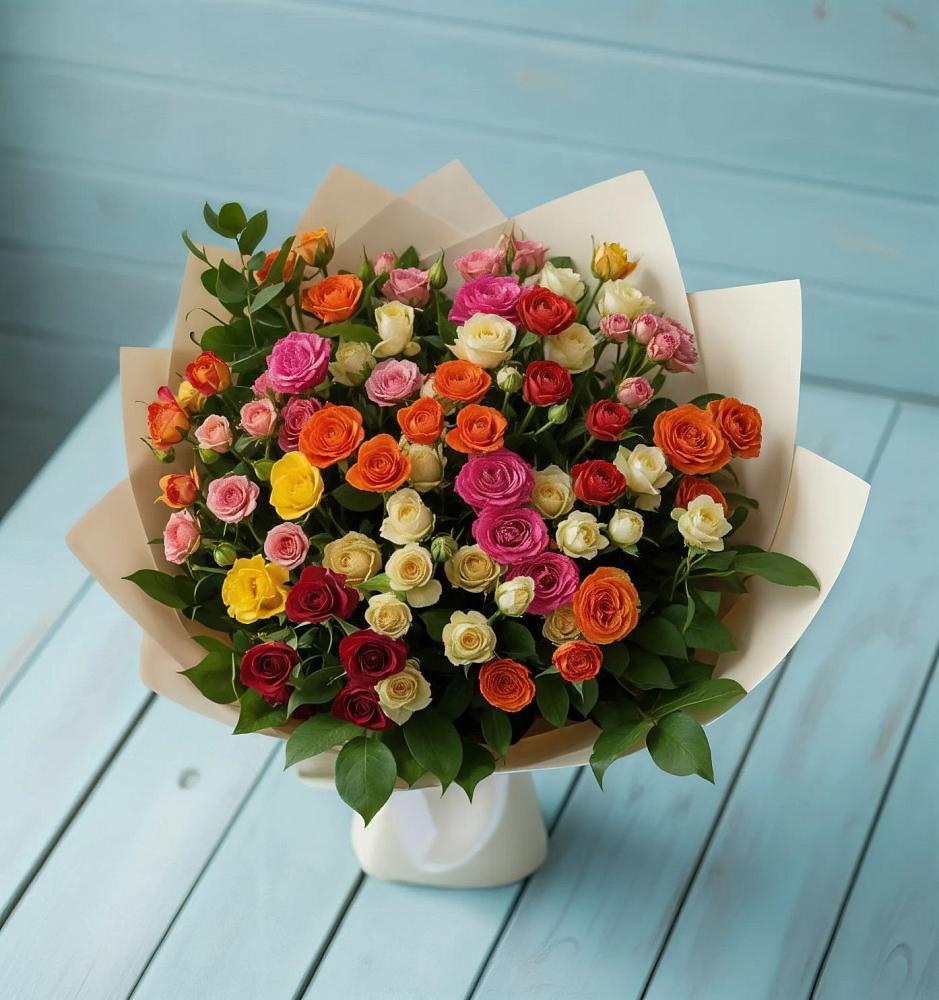 Букет Микс из разноцветных кустовых роз в Слободе Воронежской области