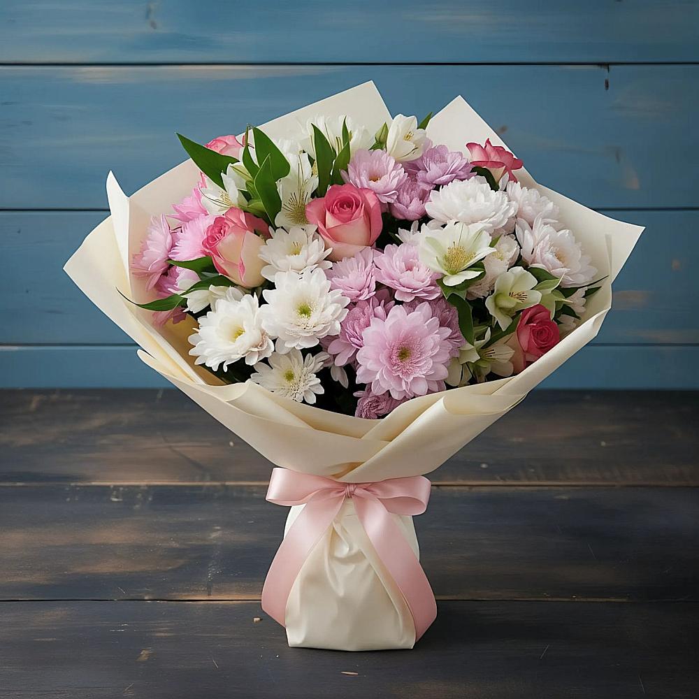 Букет цветов из: Хризантемы, Альстромерии и Розы в Слободе Воронежской области